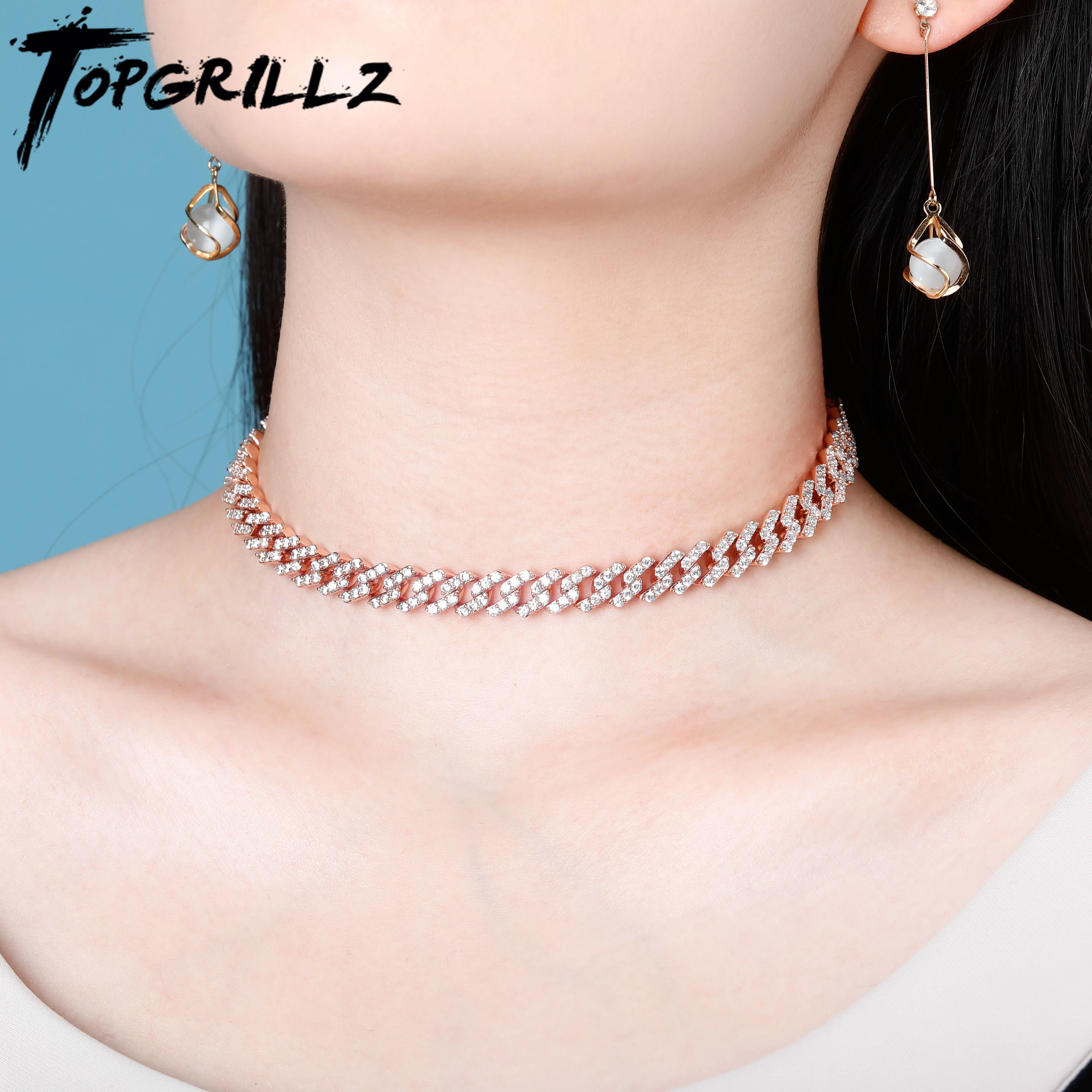 Ожерелье чокер TOPGRILLZ из кубинской цепи колье розового золота и серебра 10 мм со
