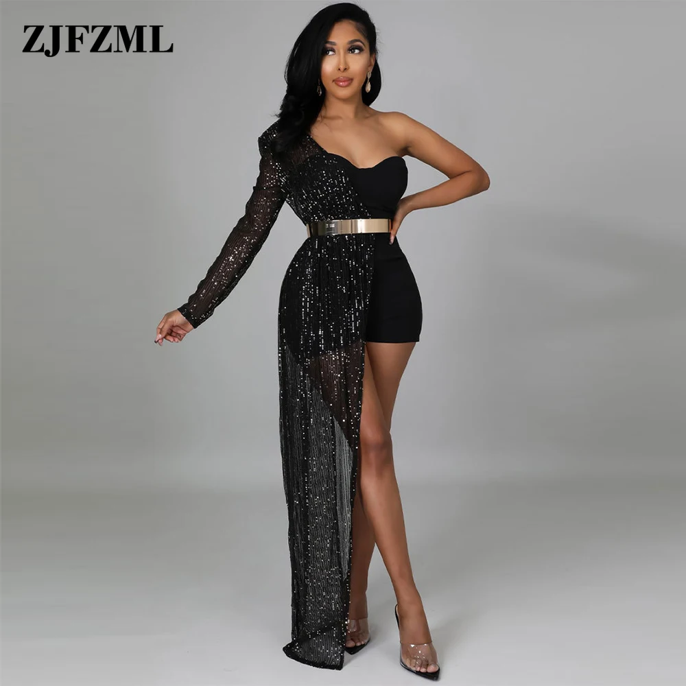 

Black White Sparkly Sequin Spliced Playsuit Women Sexy One Shoulder Long Sleeve Bodysuit Elegant Female Backless Club Jumpsuits