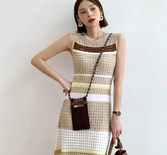 

Zoulv 2021 Sexy Hollow Out Knitted Stretch Vintage Stripe Dresses Vestidos New Office Chic Elegant Knitting Sweater Dress