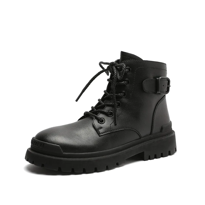 

Martin boots women's leather autumn winter 2020 thick heel casual women's short boots Korean version net red round head lace up