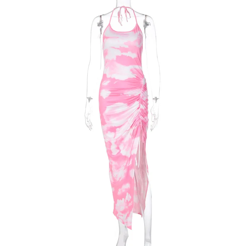 

2020 Sleeveless Tie Dye Print Ruched Bandage Slit Sexy Maxi Dress Autumn Summer Women Fashion Blue Pink Streetwear Sundress