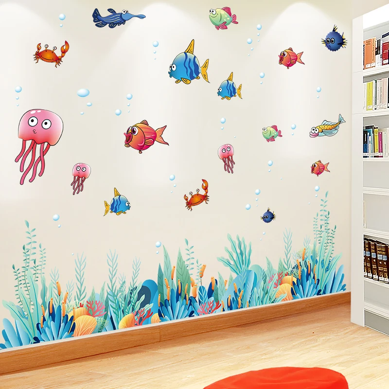 [SHIJUEHEZI] мультфильм рыбы наклейки на стену ПВХ материал DIY морские водоросли