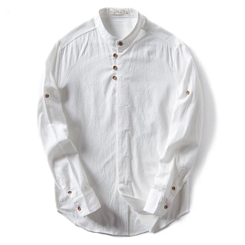 

Рубашка мужская с воротником-стойкой, модная дышащая сорочка из хлопка и льна, Повседневная приталенная с длинными рукавами, на пуговицах