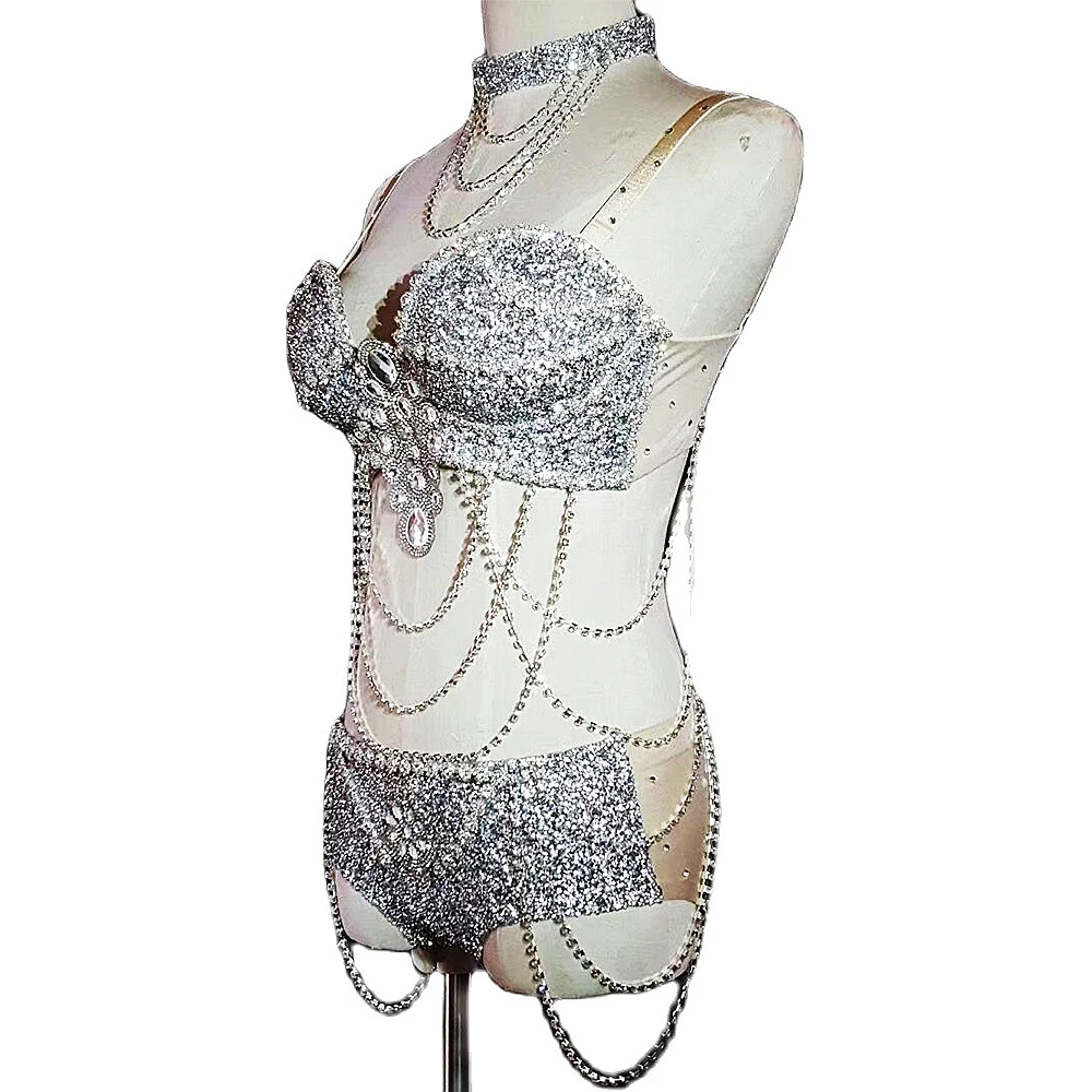 

Silver Rhinestones Diamonds Sparkling Bikini Suits Embellished Chain Costume Women Bar Dance Party Evening Nightclub Show Wear