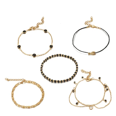 Docona Boho золото Цвет рыбы черный многослойный, с бусинами ножной браслет набор для Для женщин Регулируемая Ножка цепи Tobillera 5 шт./компл. 8540 - Окраска металла: 8540
