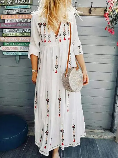 

European and American foreign trade boom Bohemian positioning printing flower stitching long skirt fashion drawstring lace up