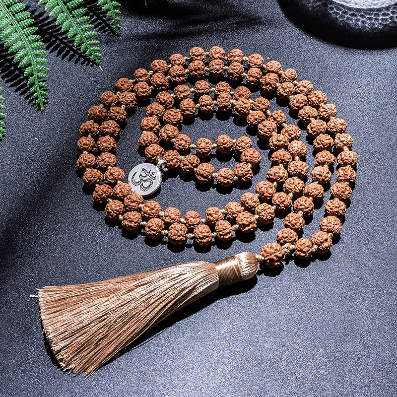 

7-8mm Original Rudraksha Beaded Knotted Japamala Necklace Bracelet Set Meditation Yoga Blessing Jewelry 108 Mala Rosary