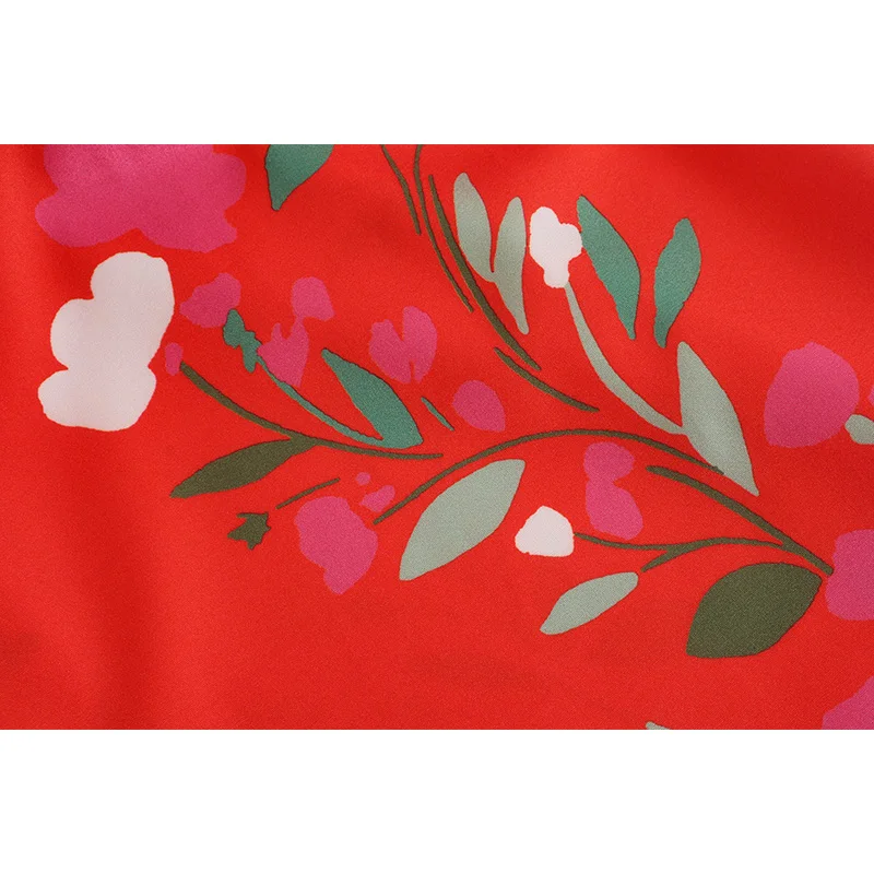 

Women 2021 Spring Vintage Floral Print Red Elegant Dresses Za Female Chic V-Neck Lace-Up Long Sleeve Midi Skirt Casual Robe