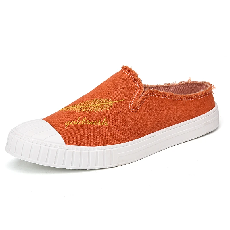 

XUEBOOT Male Casual Half Drag 2021 Summer Fashion Feather Embroidered Flat Slippers 39-44size Light Slip On Canvas Shoes For Man