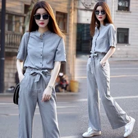 shirt wide leg pants suit womens summer new temperament large size fashion casual short sleeve shirt and trousers two piece set