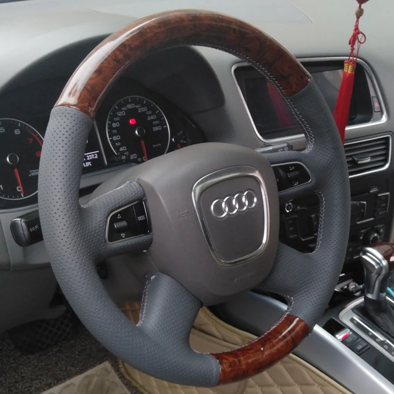 DIY Hand-Stitched Peach Wood Suede Leather Car Steering Wheel Cover for Audi A6L A4L Q5 Q7 Interior Auto Accessories
