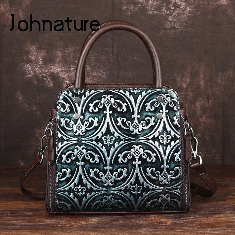 

Johnature Handmade Embossing Retro Genuine Leather Luxury Handbags 2021 New Leisure Cowhide Women Shoulder & Crossbody Bags