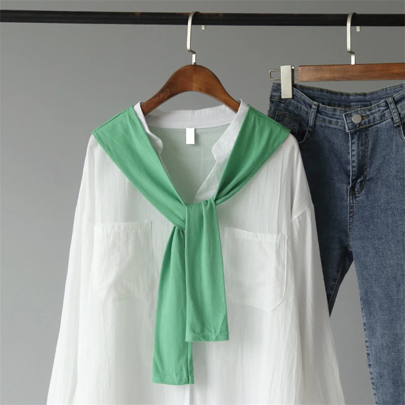 GLAUKE Женская Весенняя новая белая рубашка с шарфом для отдыха длинными рукавами