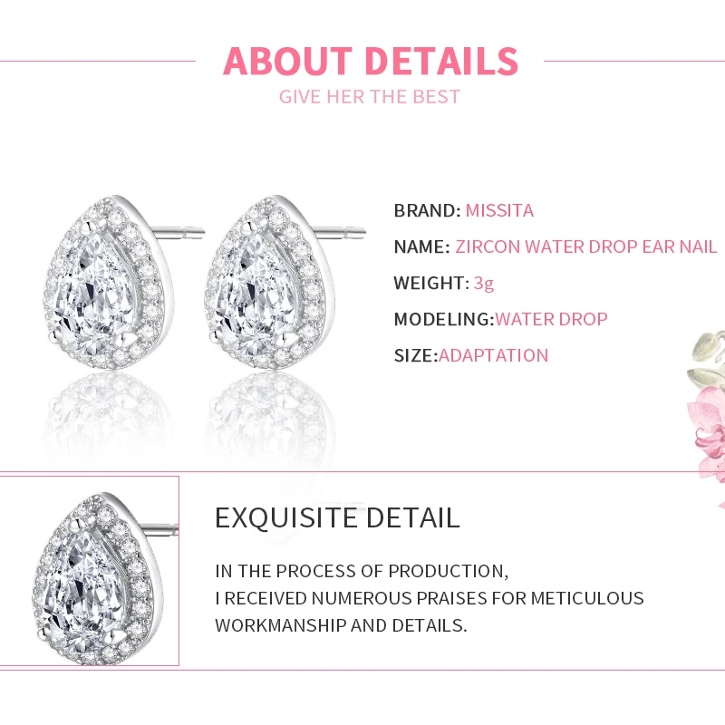 

MISSITA NEW Water Drop Crystal Zircon Earrings For Women Silver Color Fashion Jewelry Girlfriend Party Gift Hot Sale
