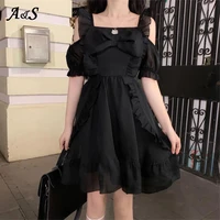 anbenser women japanese lolita style princess black mini dress square collarhigh waist short sleeve black midi party dresses