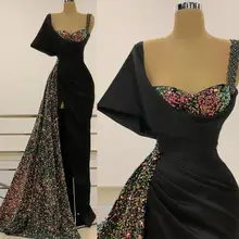 Robe de soirée de forme sirène, luxueuse tenue de soirée noire à paillettes et perles, sans manches, fente haute, sur mesure  (3)