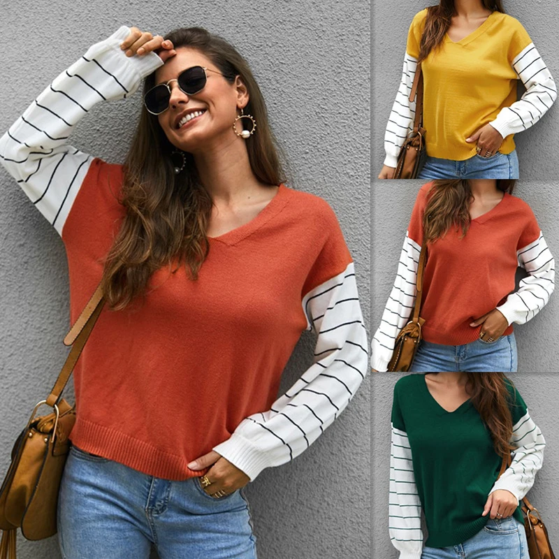 Lossky Women Striped Patchwork Pullover Sweater Female V-neck Fashion Autumn Winter Long Sleeve Clothing Yellow Ladies Top 2019 | Женская