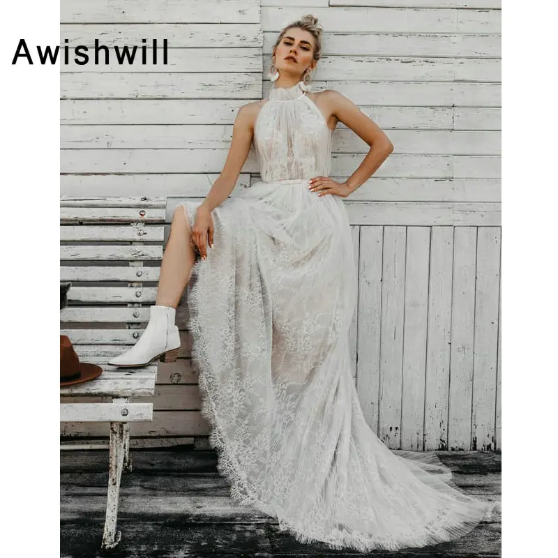 

Женское кружевное свадебное платье, Прозрачное платье в стиле бохо без рукавов, с высоким воротом и открытой спиной, свадебное платье для же...