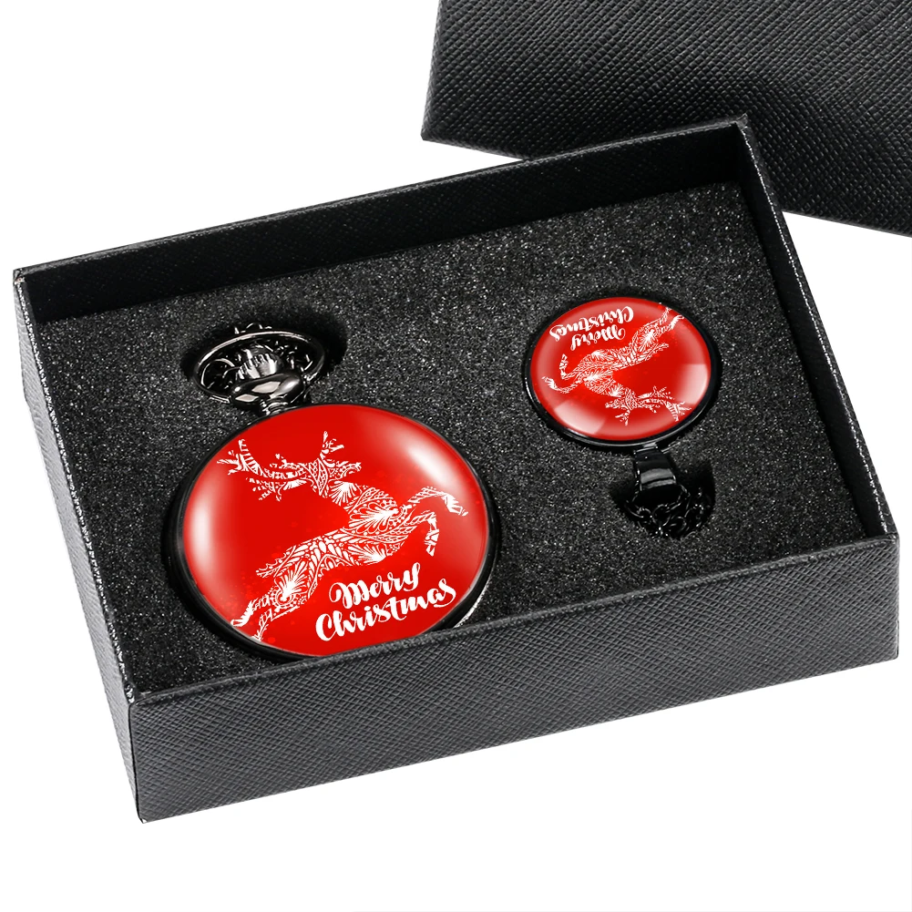 Lucky Red Pocket Watch Set Women's Cute Christmas Elk Theme Men Quartz Pocket Clock Pendant Necklace Gift Set with Box for Girls