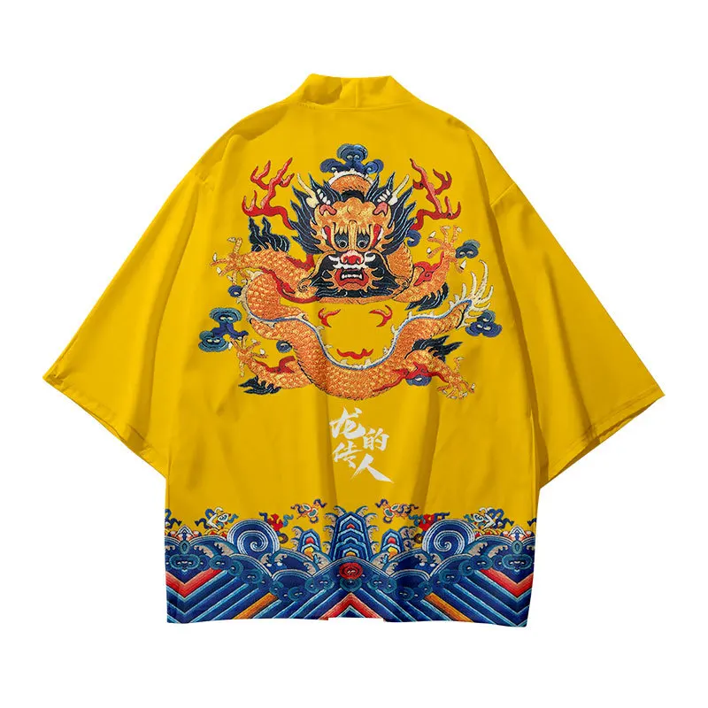 

Мужская рубашка в китайском стиле, футболка с принтом «Драконий наследий», японская Повседневная хаори летняя рубашка с защитой от солнца н...
