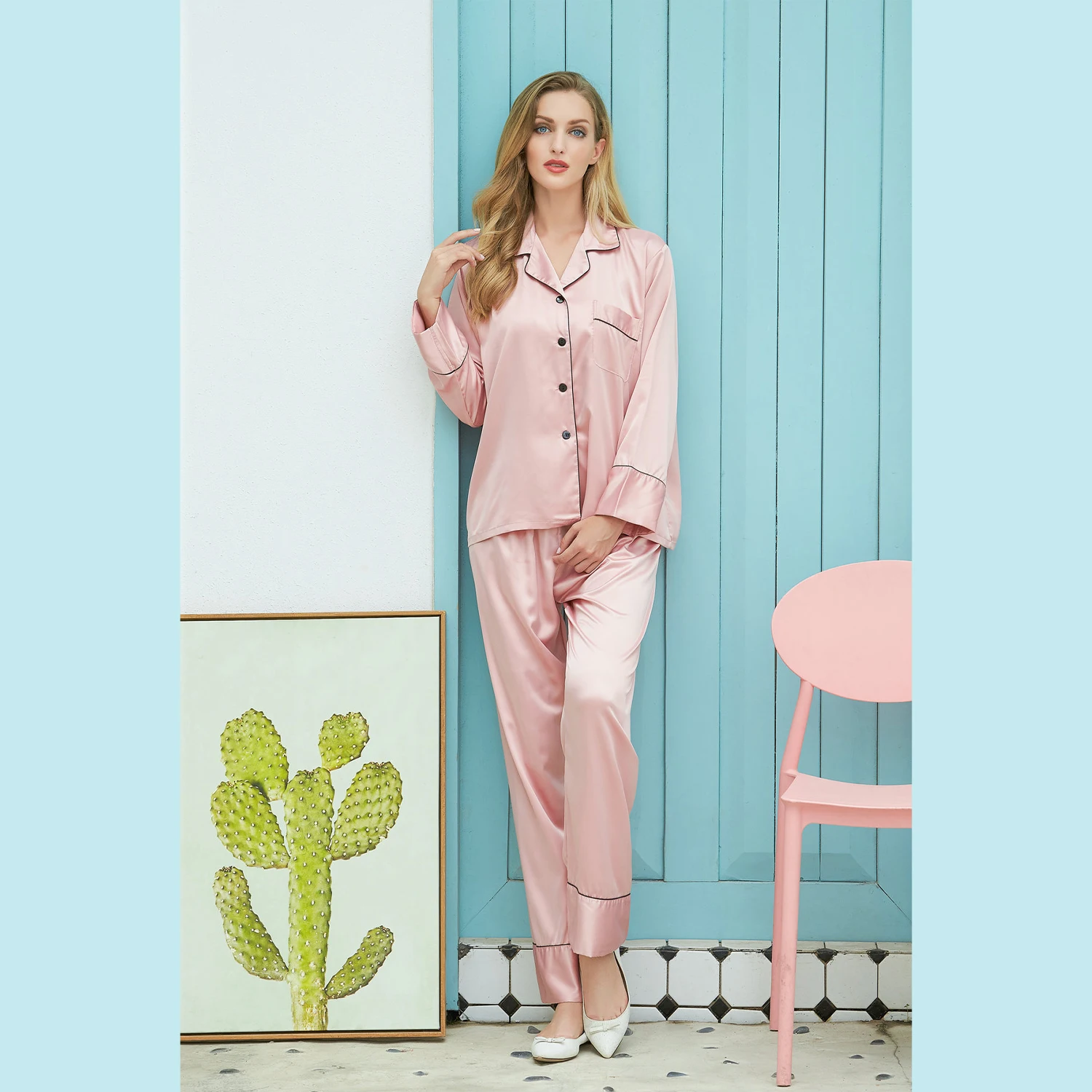 silk satin solid pajamas for women custom sleepwear women pajamas set home dress lungewear lettering nightwear silk pajamas