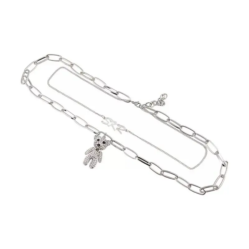 

Vintage Multi Layer Necklace Shiny Rhinestone Crystal Bear Pendant Necklace Titanium Steel Chain Necklace Hip hop Jewelry Women