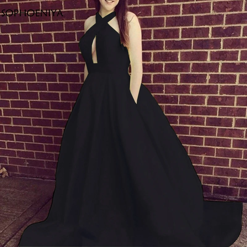 

New Arrival Black Long evening dress With Pockets Sexy Backless Satin A Line Long Elegant Prom Dresses Women robe de soiree