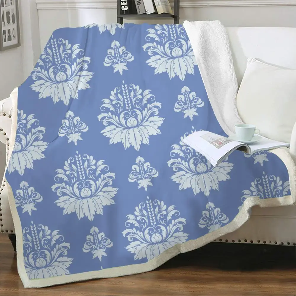 

NKNK Flowers Blanket Blue Plush Throw Blanket Art Blankets For Beds Retro Bedspread For Bed Sherpa Blanket New High Quality