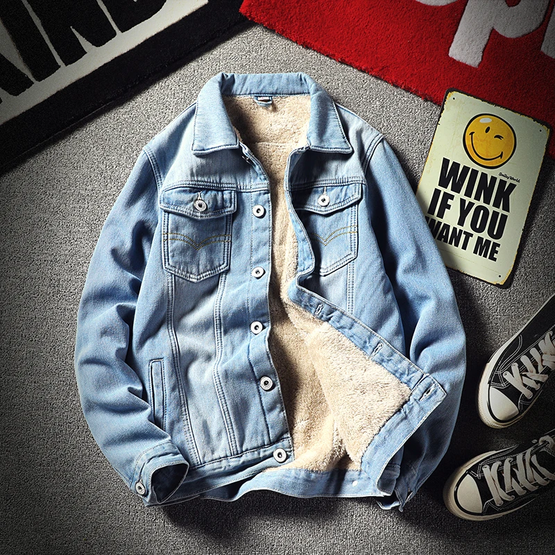 Мужские осень-зима плюс толстый бархат джинсовая куртка с эффектом