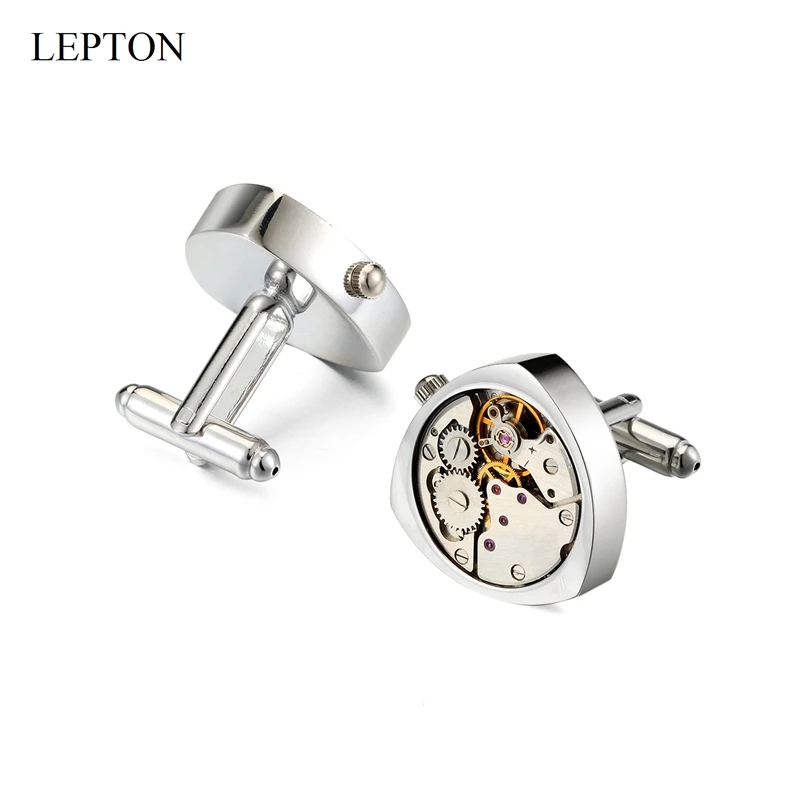 Lepton Watch Movement Cufflinks of immovable Silver Color Steampunk Gear Watch Mechanism Cuff links for Mens Wedding Gift