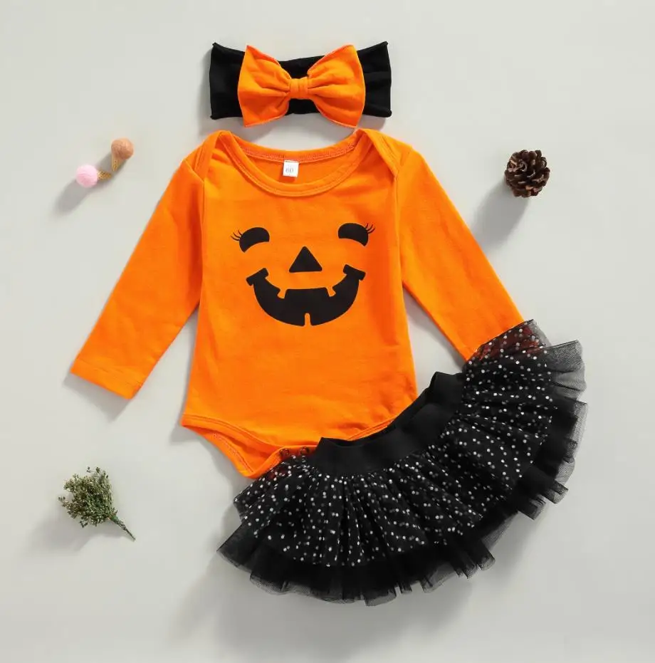 

3PCS Baby Girls Halloween Outfits Long Sleeve Pumpkin Face Romper Tutu Skirt Headband Set Halloween Costume