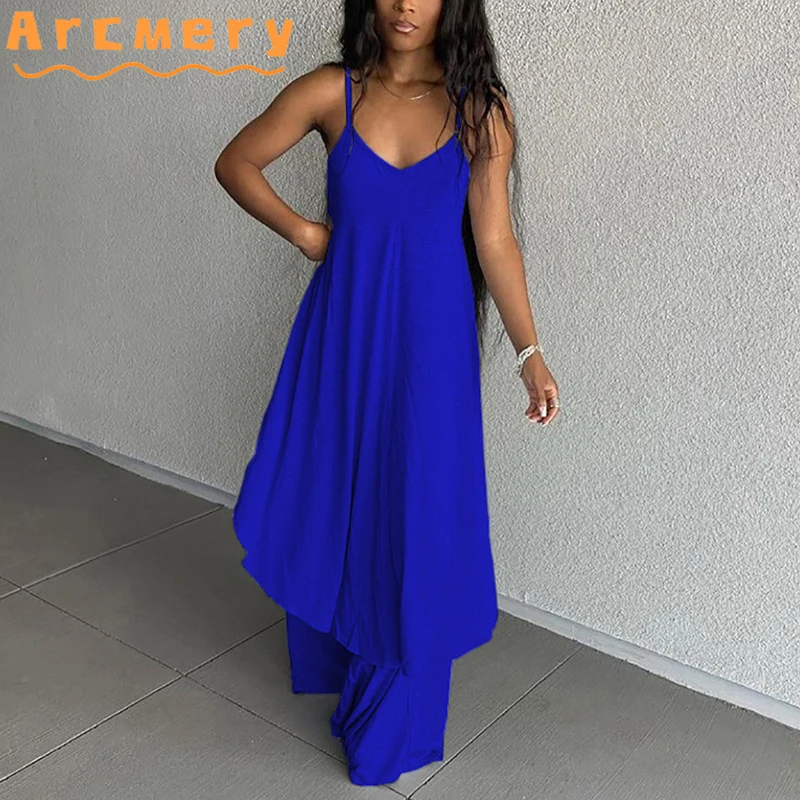 

2 Pieces Pants Sets Women Spaghetti Strap Long Top & Wide Leg Pants