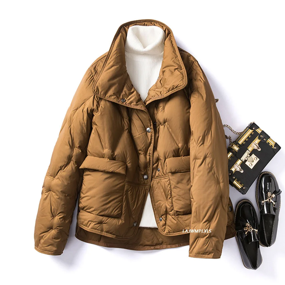 

Large Size Loose 90% White Duck Down light Down Jacket Women 2021 Winter new Style literary Lapel Pocket Warm Top