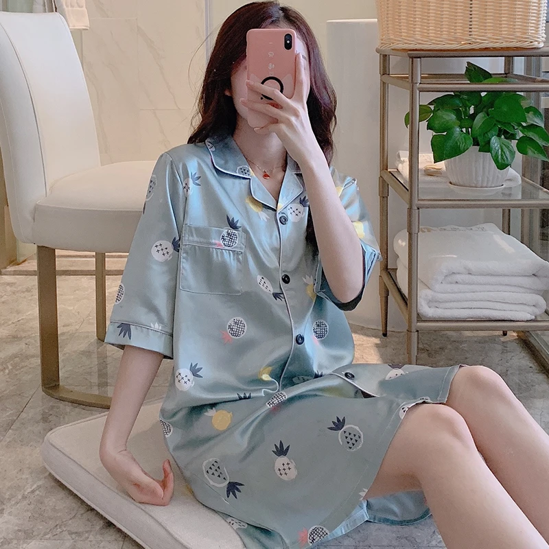 Autumn Printed Casual Silk Sexy Women Sleepshirts Fresh Simple Nightgowns Women Sleepwear Nightdress Loose Nightwear Homewear