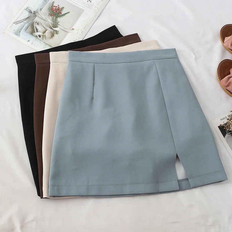 

HELIAR Women Plain Skirts Split High-waist Bodycon Mini Skirts Preppy Style Casual Skirt A-line Skirts For Women 2020 Autumn