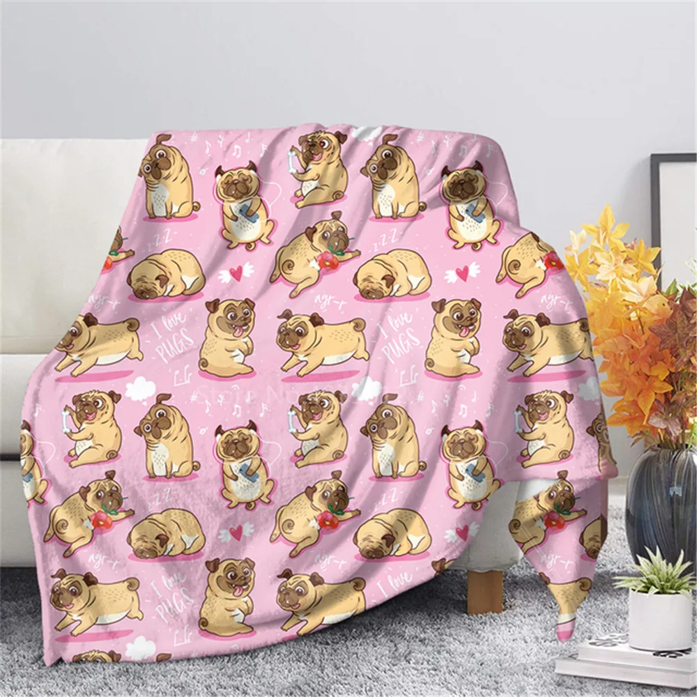

Kawaii Animal Pug Dog Pink Throw Blanket Warm Bedroom Sofa Single Fall Blanket for Adult Kids Dreamlike Gift School Nap