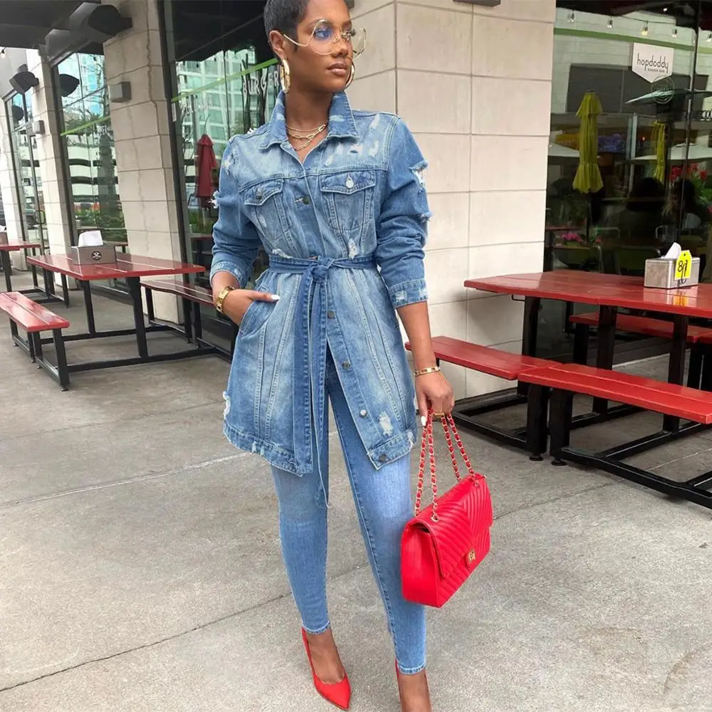 

2020 Autumn Clothes Woman Denim Jacket With Belted Fashion Casual Ripped Letter Print Long Jeans Jacket Coat S-2XL Drop shipping