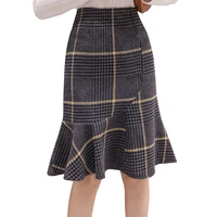 2021 autumn winter womens vintage plaid skirt high waist woolen skirts t midi mermaid falda office work mujer hip package saias