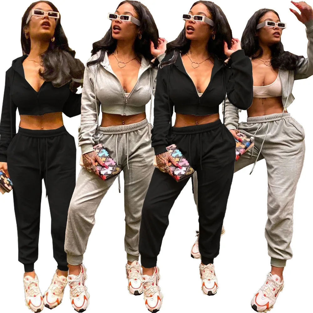 

Adogirl Two Piece Set Women 2020 Autumn Casual Zipper Hooded Long Sleeve Short Jacket + Drawstring Jogger High Waist Sweatpants