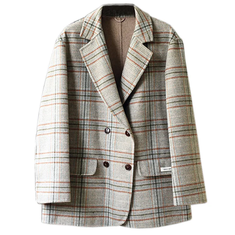 

European station winter 2020 new contrast color double-sided wool coat women's double pocket plaid woolen coat