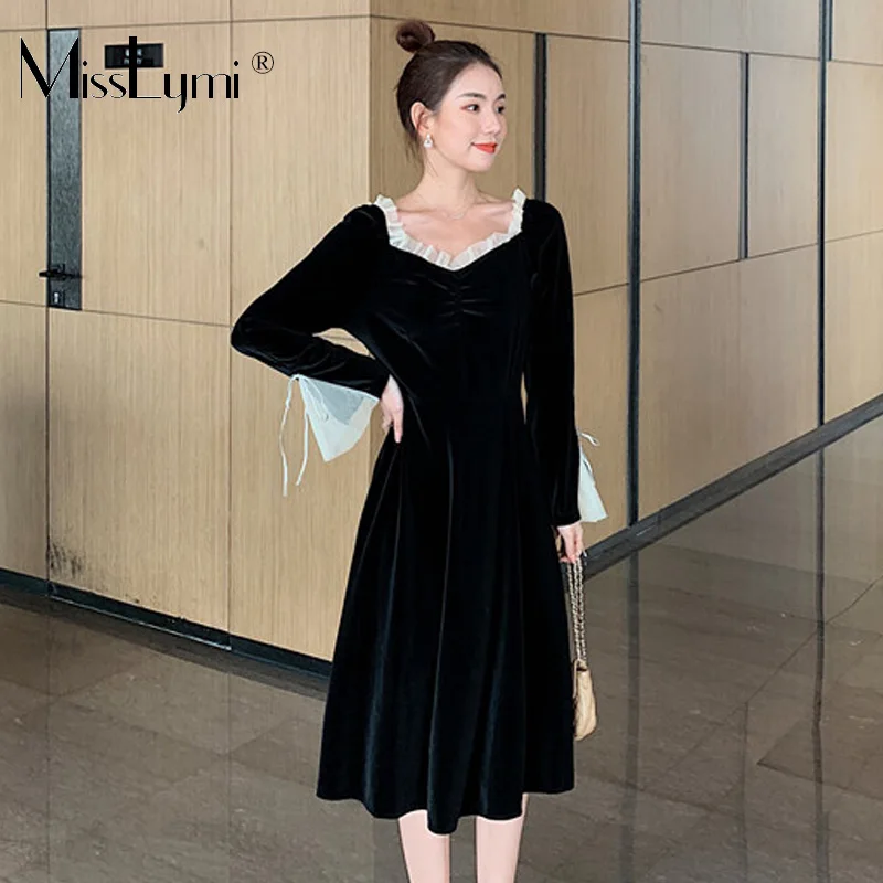 Женское винтажное платье трапеция с V образным вырезом и длинным рукавом|Женские