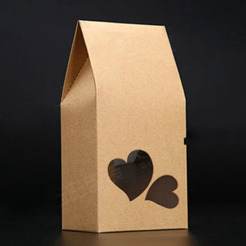 heart shape 50 шт крафт-бумага, Подарочная коробка, мешки, бумажные коричневые, стоячие мешки, окно для свадьбы/подарка/ювелирных изделий/еды/конфет, упаковочные сумки 8x15,5x5 см - Цвет: heart shape