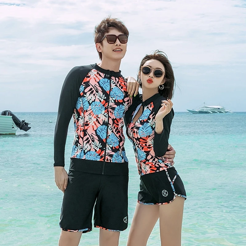 

2021 новые мужские 3 шт женские 5 шт Купальники с длинным рукавом брюки пары Рашгард быстросохнущие цветочные боди пляжная одежда