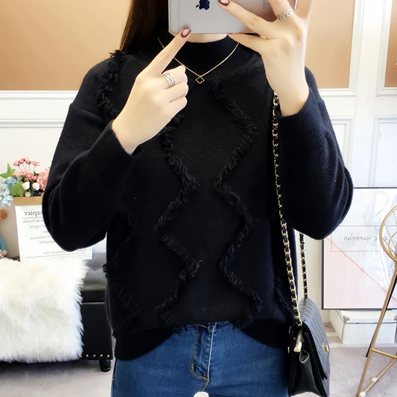 2020 Autumn Winter Women Knitted Half-Turtleneck Sweater Ladies Casual Soft Solid Tassel Jumper Pullovers Pull Femme | Женская одежда