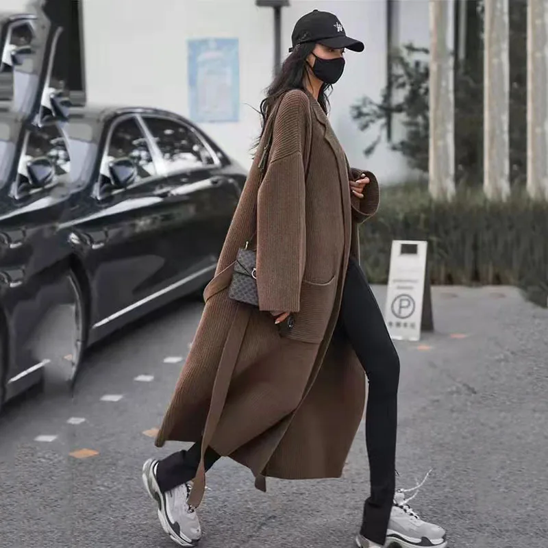 

SuperAen осенне-зимний свитер с отложным воротником, пальто для женщин, Длинный Ретро однотонный Свободный кардиган, вязаное пальто, открытая с...