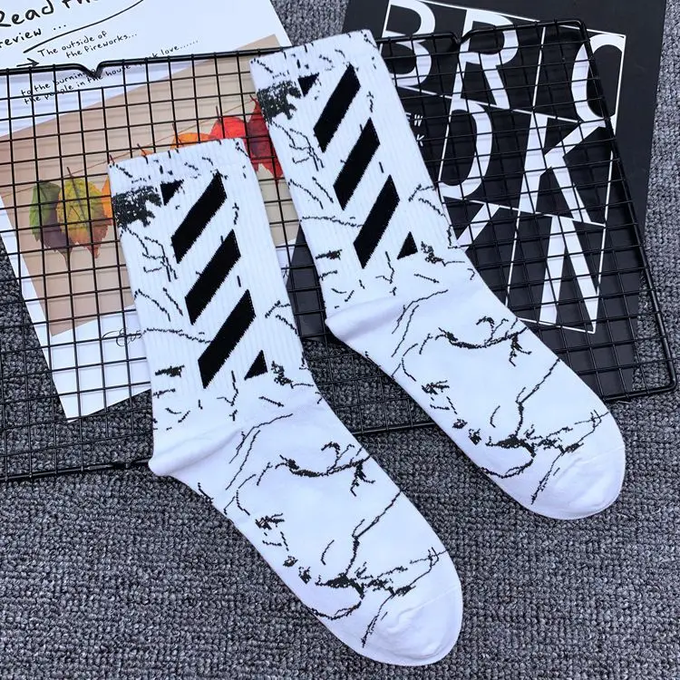 White Black Slash Для взрослых, размер, носки до середины икры, средние хлопковые носки, косая полоска, полосы, мраморные зерна, мраморные мраморы, Fssure Rift, трещина, задняя косая часть, вперед, носки - Цвет: White Black Slash