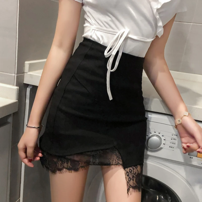 Женская кружевная юбка с высокой талией однотонная облегающая мини