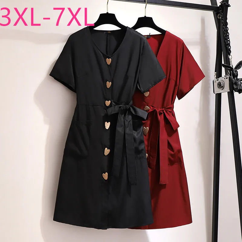 

New 2021 summer plus size mini dress for women short sleeve loose casual black red button pocket dress belt 3XL 4XL 5XL 6XL 7XL