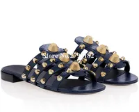 Rivet Flat Slippers Open Toe Matte Leather Gold Silver Studs Flat Sandals Straps Slip-on Summer Comfortable Slippers