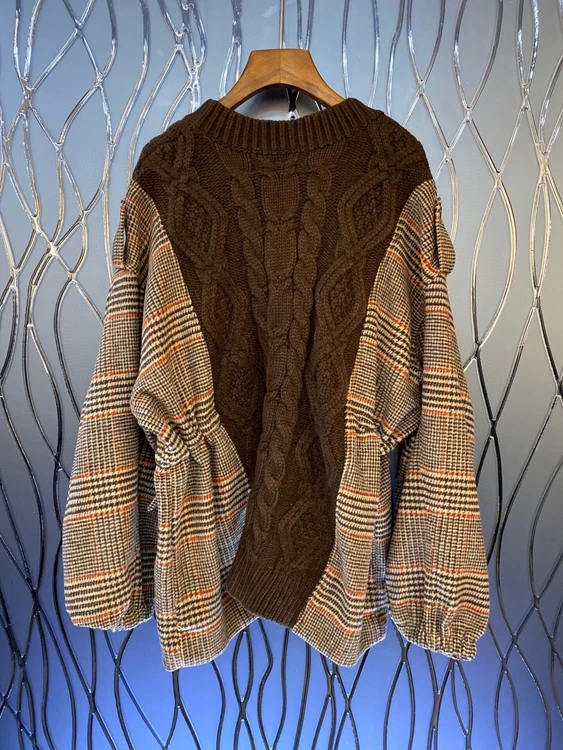 

2020 autumn/winter new women's round neck thick thread woven stitching plaid loose long-sleeved sweater 1021